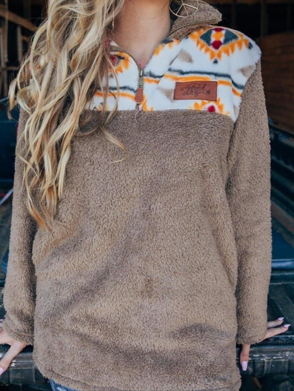 Southern Fried Chics Cozy, Sherpa Pullover with Aztec Yoke. Size S